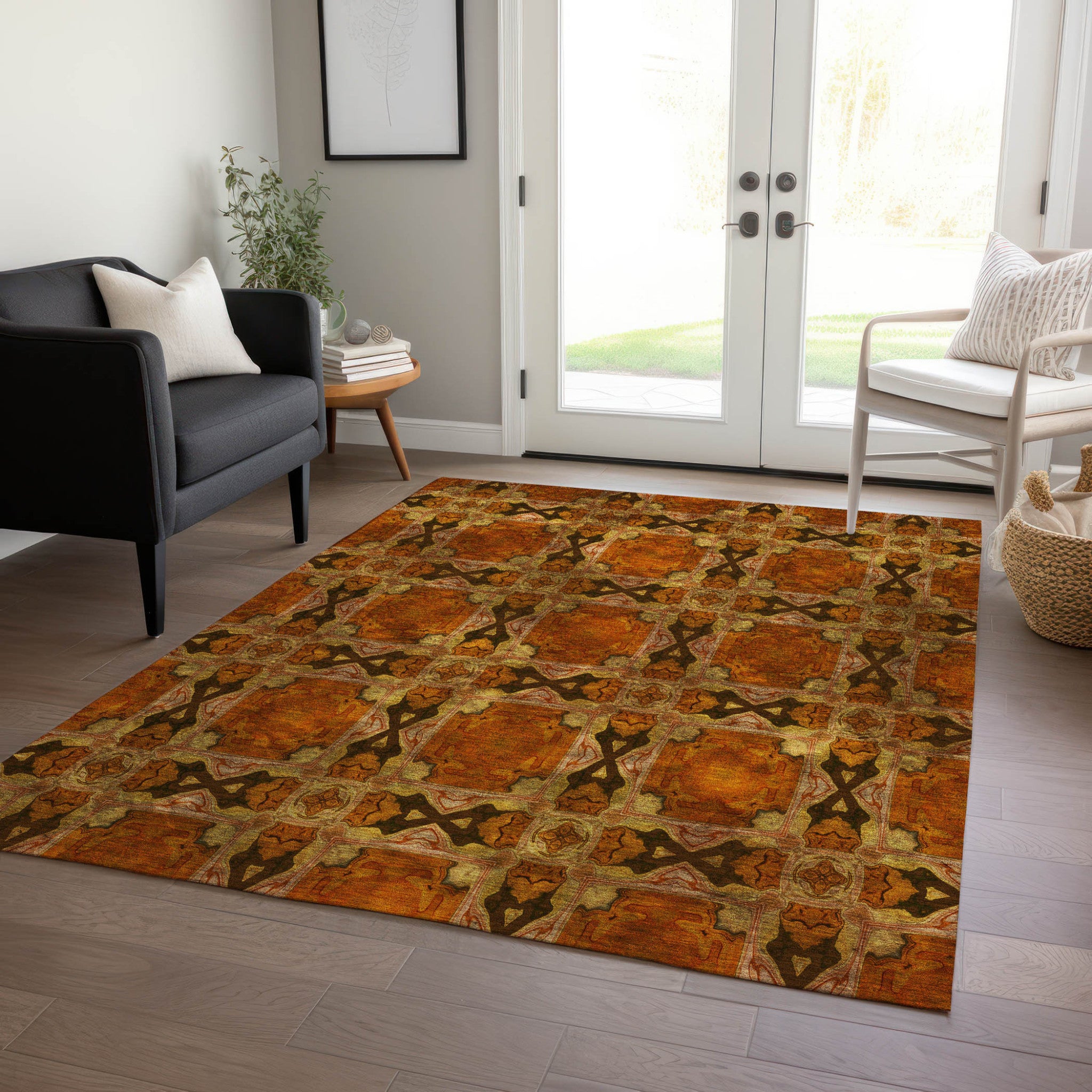 Stain-Resistant, Non-Skid Washable Teal Floral Medallion Round Runner Rug for Indoors & Outdoors