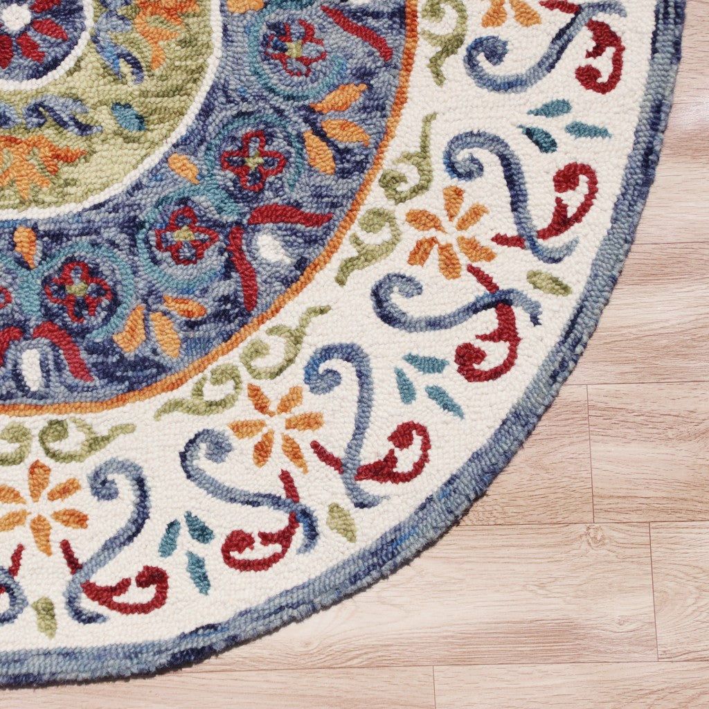 Exquisite Hand-Tufted Round Blue and White Medallion Wool Area Rug for a Timeless and Elegant Decor Style