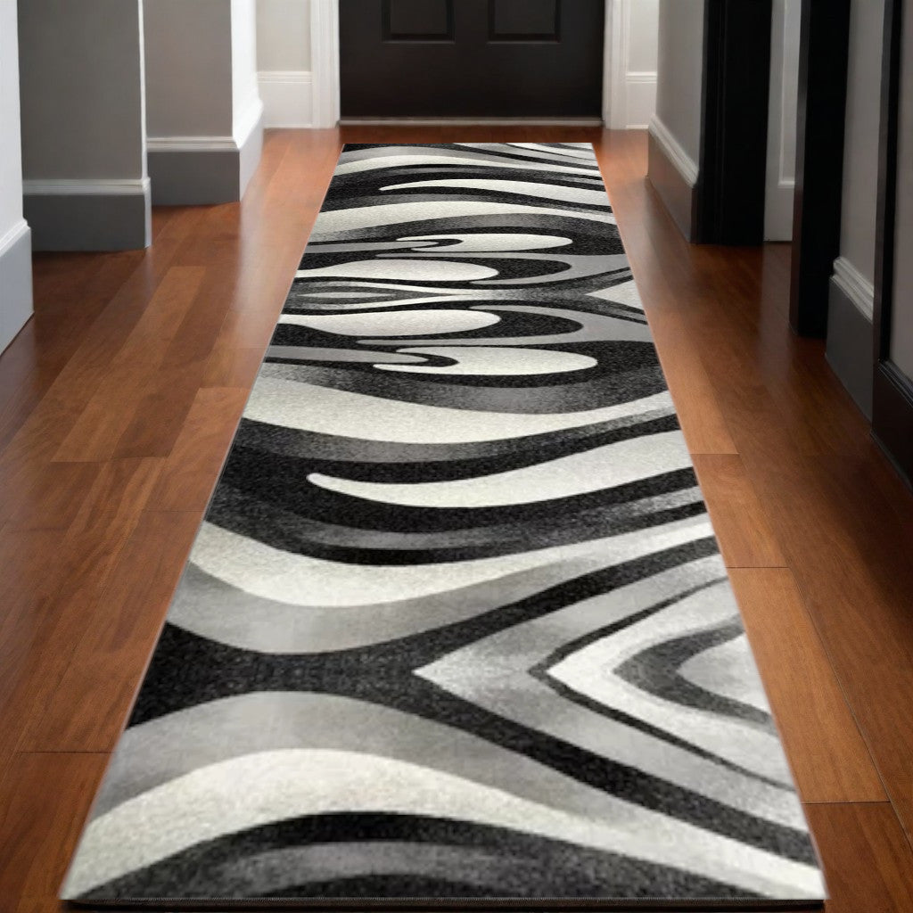 Stylish Stain-Resistant Power Loom Runner Rug in Black, Gray & White Marble Design
