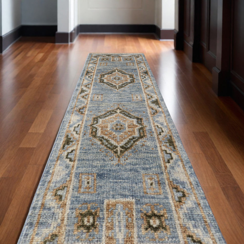 Exquisite Hand-Knotted Wool Area Rug in Elegant Ivory Tan & Blue with Tassels