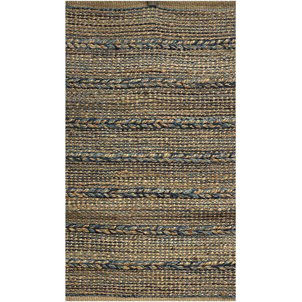 Exquisite Hand-Woven Jute Area Rug with Distinctive Tan and Blue Design for Elevating Your Home's Warmth and Aesthetic Appeal