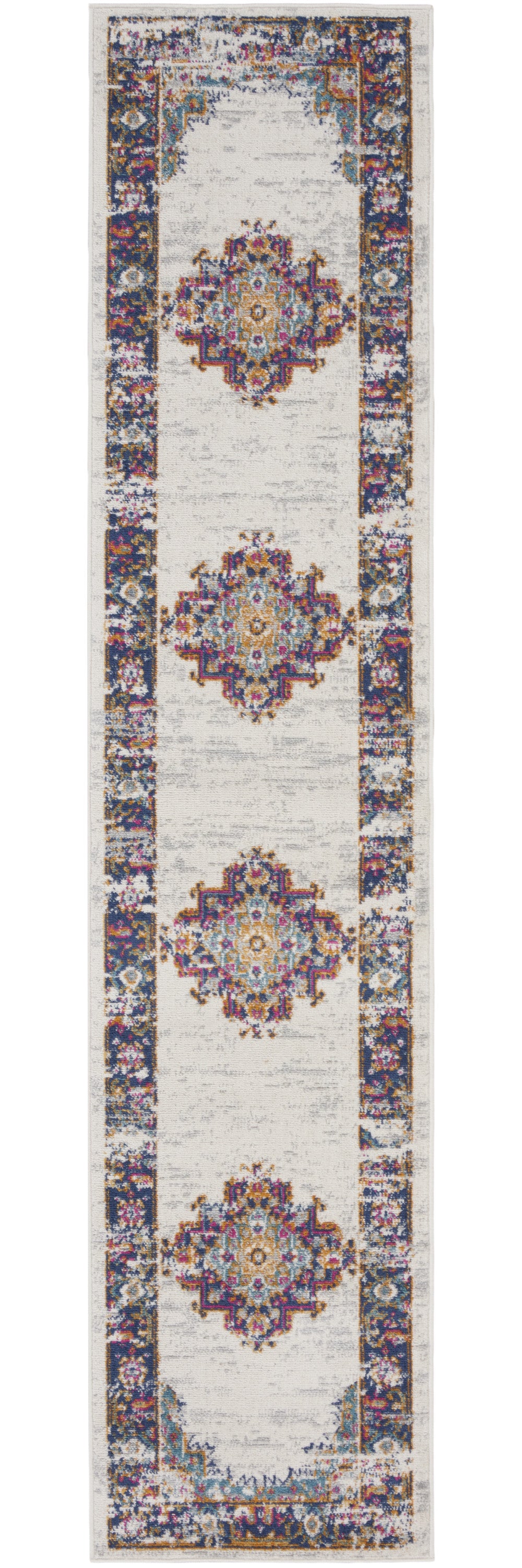 Stylish 10-Foot Distressed Oriental Runner Rug in Blue and Ivory for Elegant Spaces