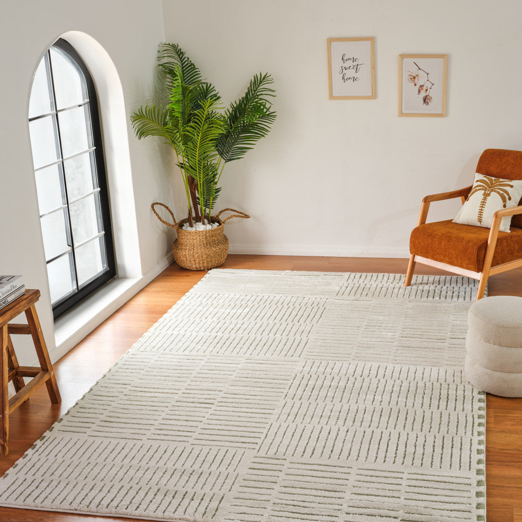 7' x 10' Stain-Resistant Cream & Green Abstract Distressed Cozy Area Rug