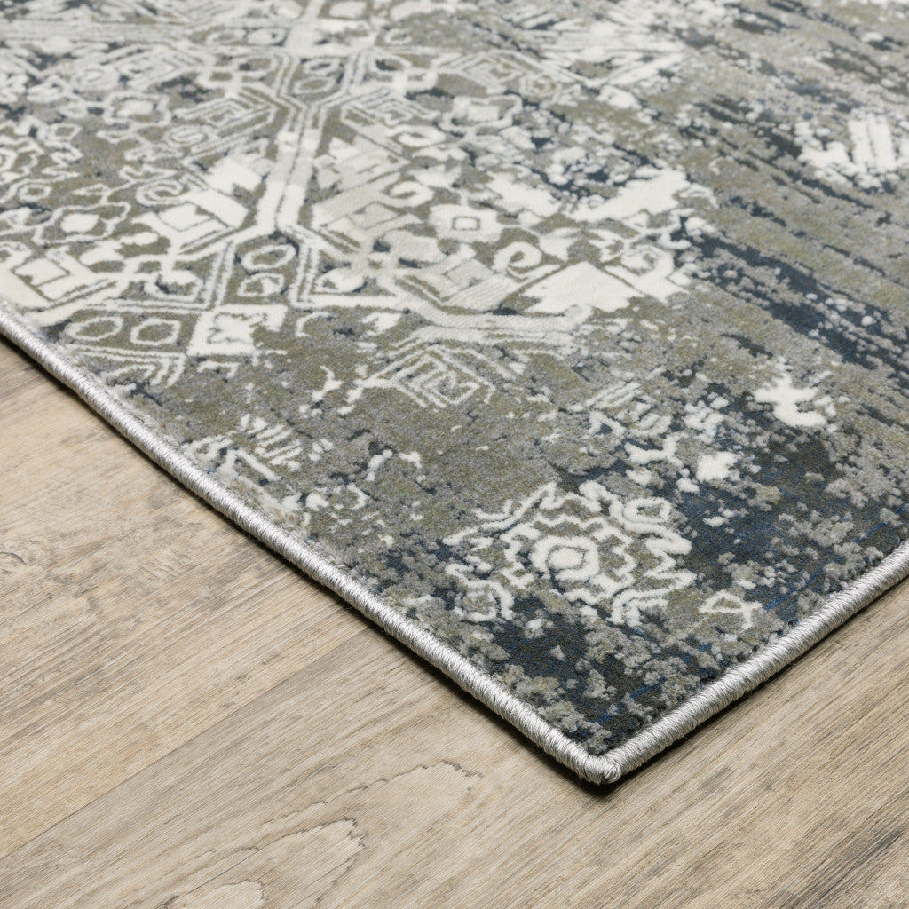 Stain-Resistant, Stylish Ivory, Grey, Blue, and Taupe Abstract Power Loom Runner Rug Ideal for Family Spaces