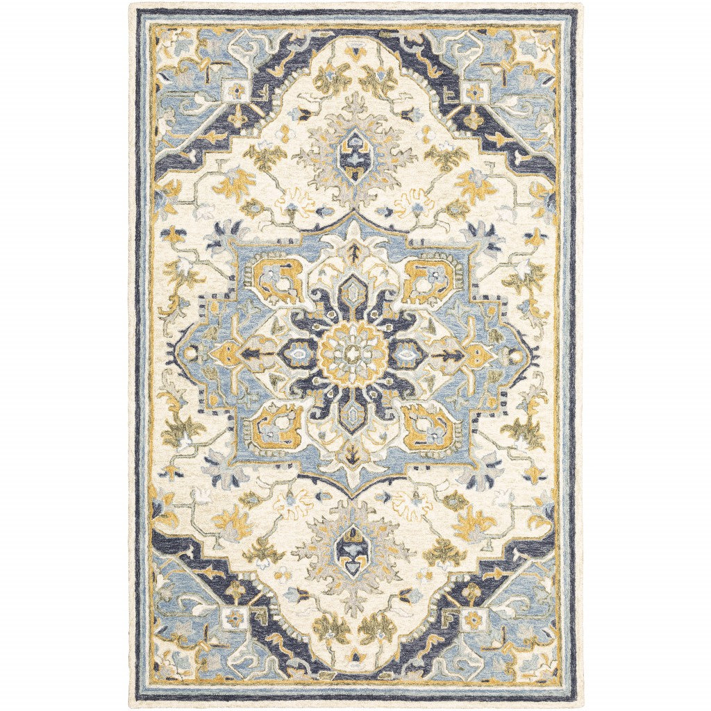 Handmade Wool Blue and Ivory Bohemian Area Rug - Durable, Stain - Resistant, Cozy