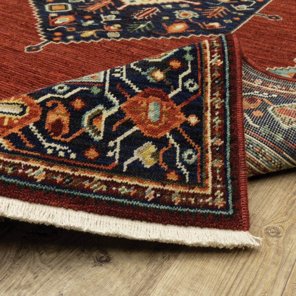 Stylish Red, Blue, and Ivory Stain-Resistant Oriental Runner Area Rug with Elegant Fringed Ends