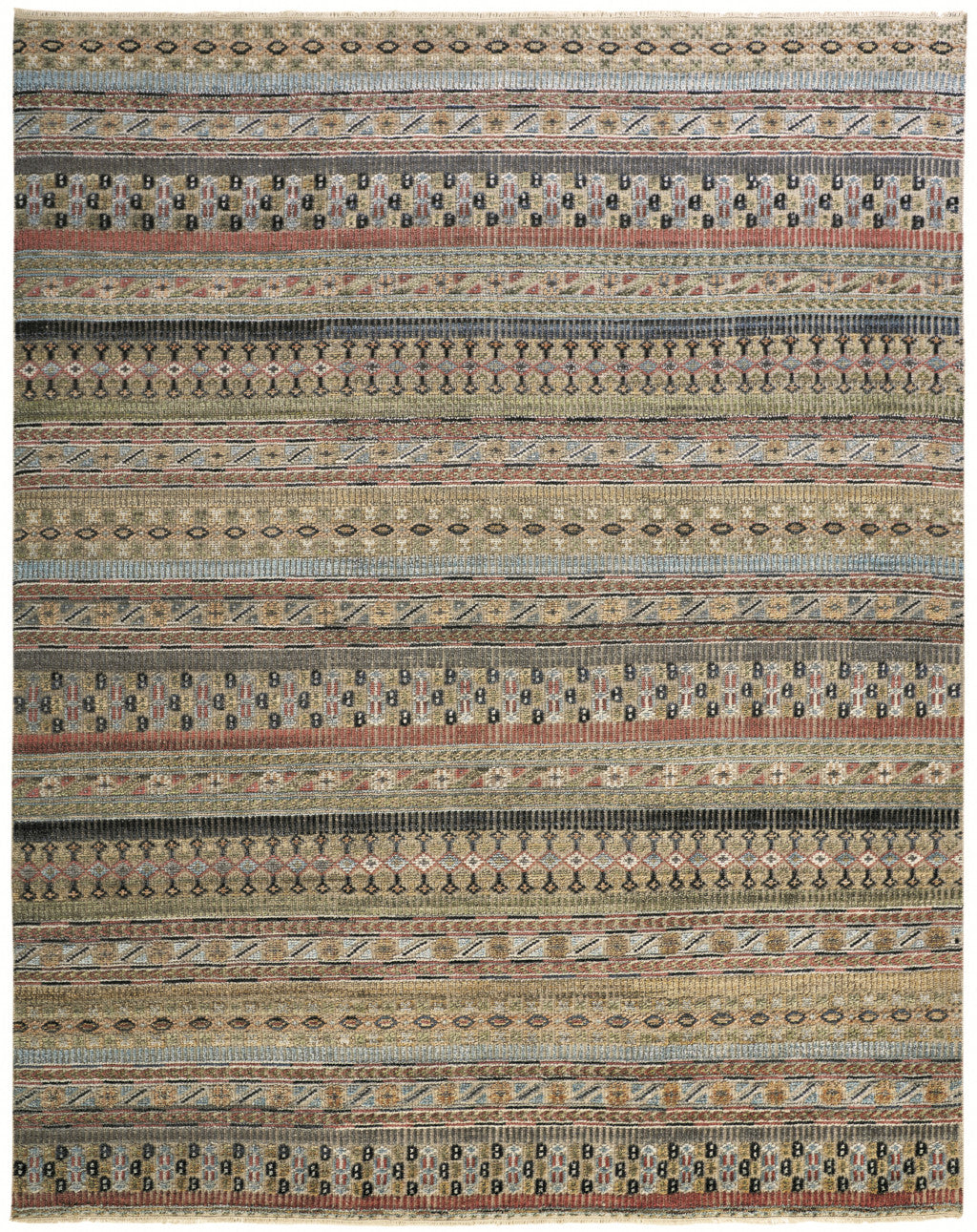 Stylish Hand-Knotted Wool Blend Area Rug with Striped Design in Tan, Blue, and Orange for Elegant Home Décor