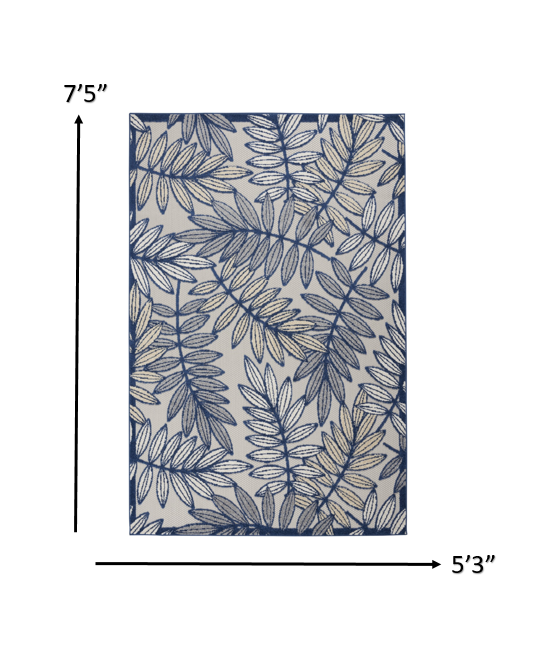 Stylish Ivory & Blue Floral Outdoor/Indoor Area Rug, 63 x 89