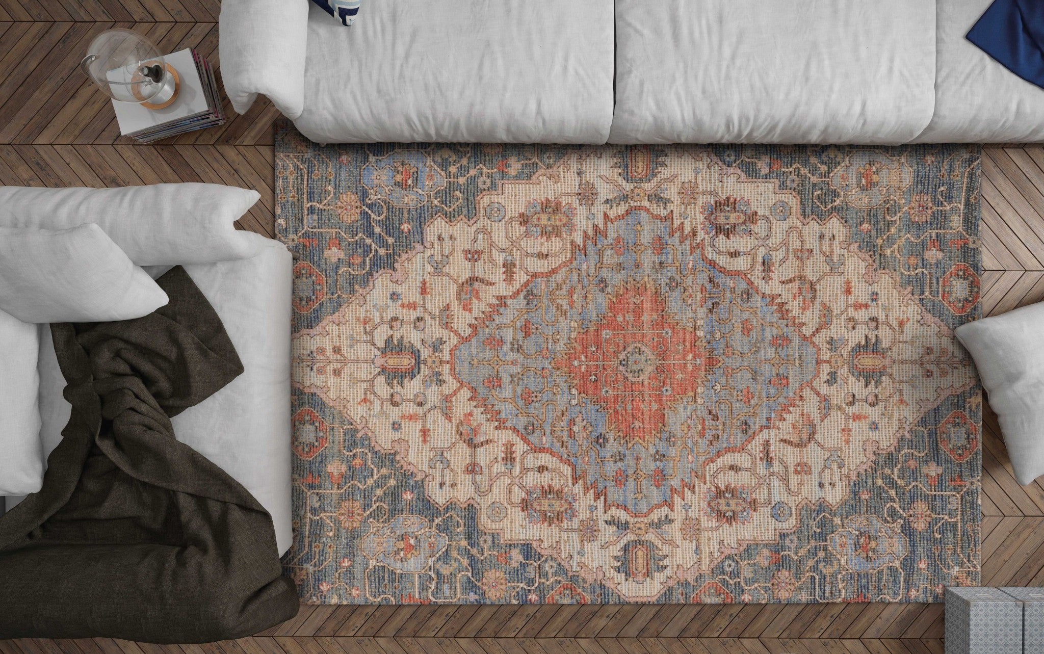Exquisite Handmade Jute Area Rug with Stunning Blue and Beige Medallion Design
