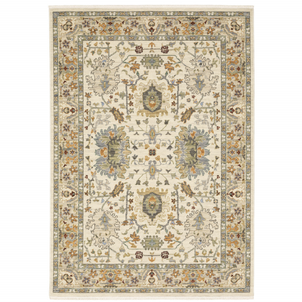 Ivory Stain-Resistant Oriental Fringed Area Rug for Family Homes