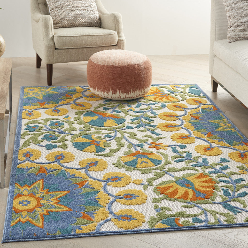 High - Quality Elegant Indoor and Outdoor Use Area Rug with Ivory and Blue Floral Design and Stain Resistance
