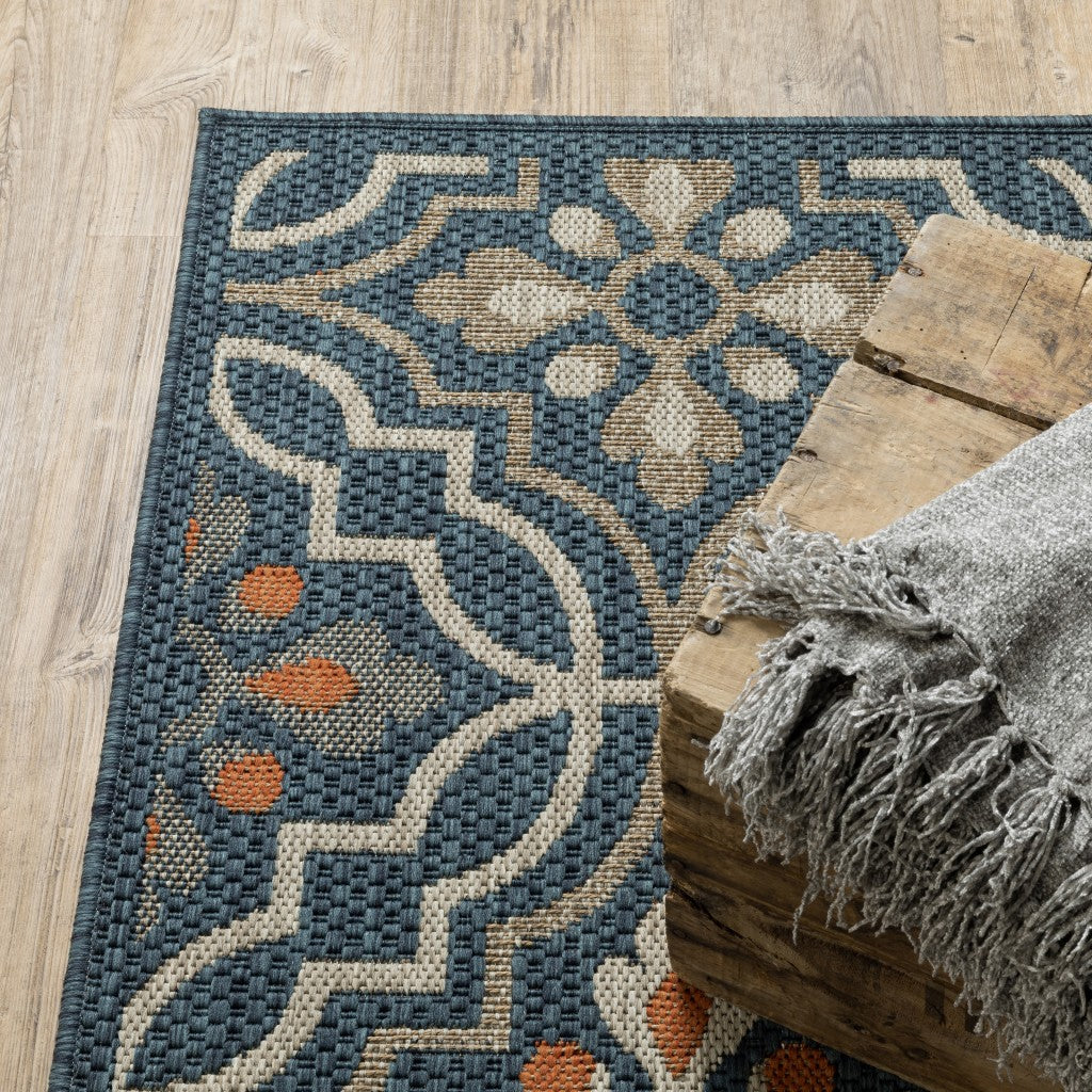 Stylish Gray, Orange & Navy Moroccan Outdoor Rug for Indoor/Outdoor Use