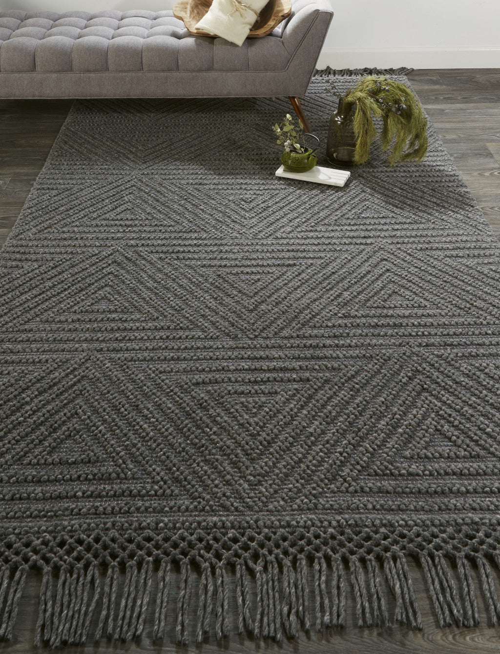 Exquisite Hand-Woven Geometric Wool Area Rug with Fringe for Timeless Decor