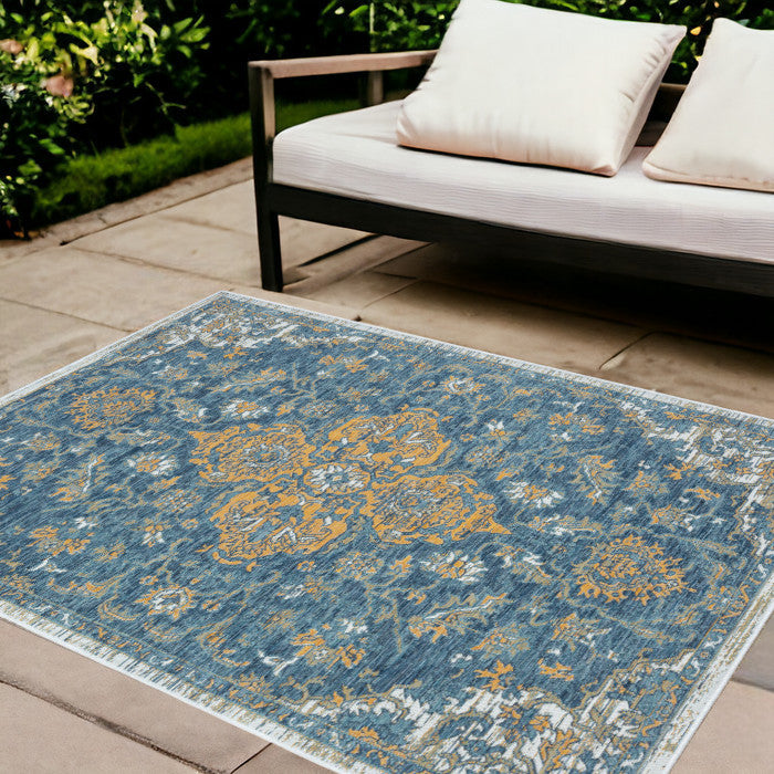 Stylish Stain-Resistant Blue and Ivory Medallion Outdoor Rugs for Indoor & Outdoor Use