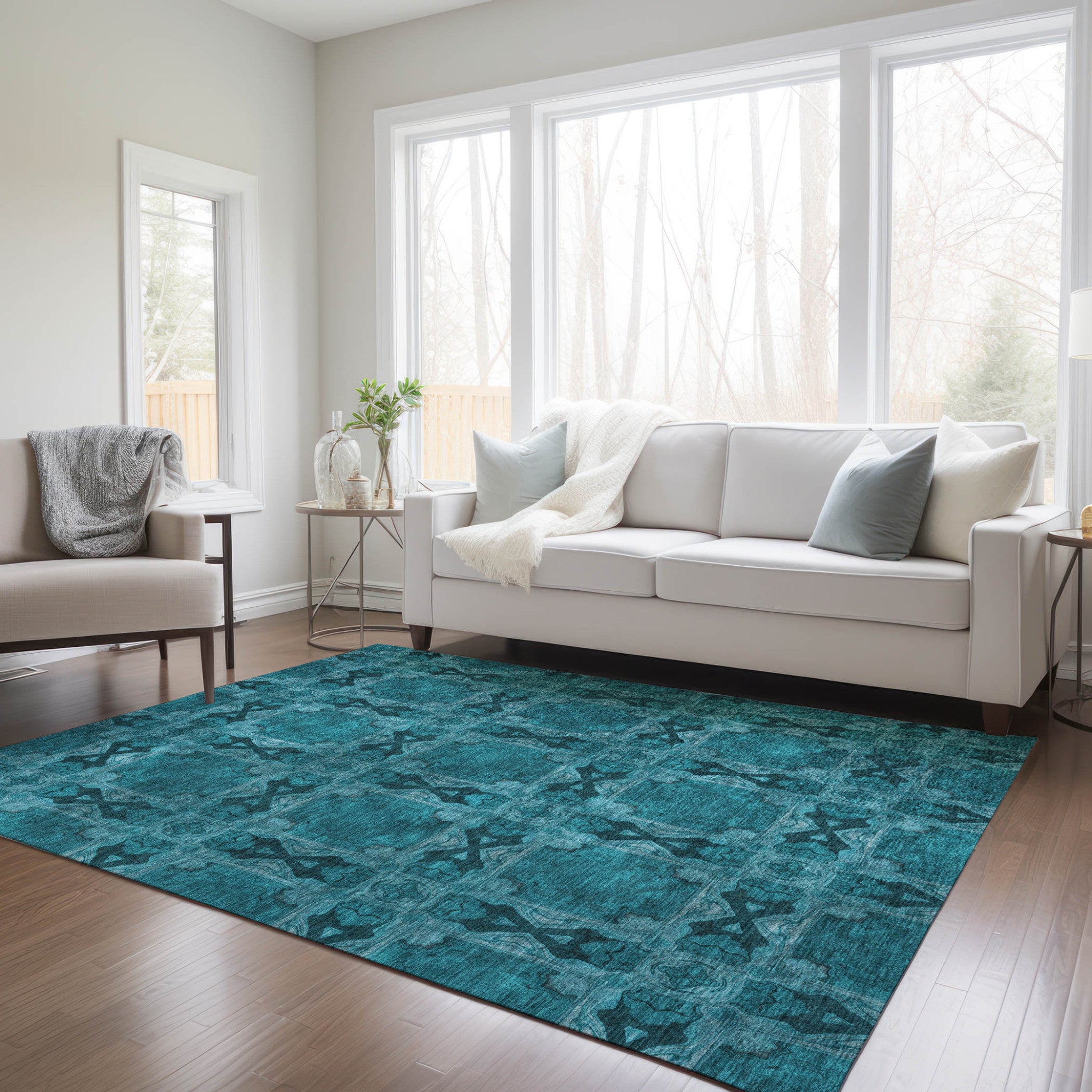 Stain-Resistant, Non-Skid Washable Teal Floral Medallion Round Runner Rug for Indoors & Outdoors