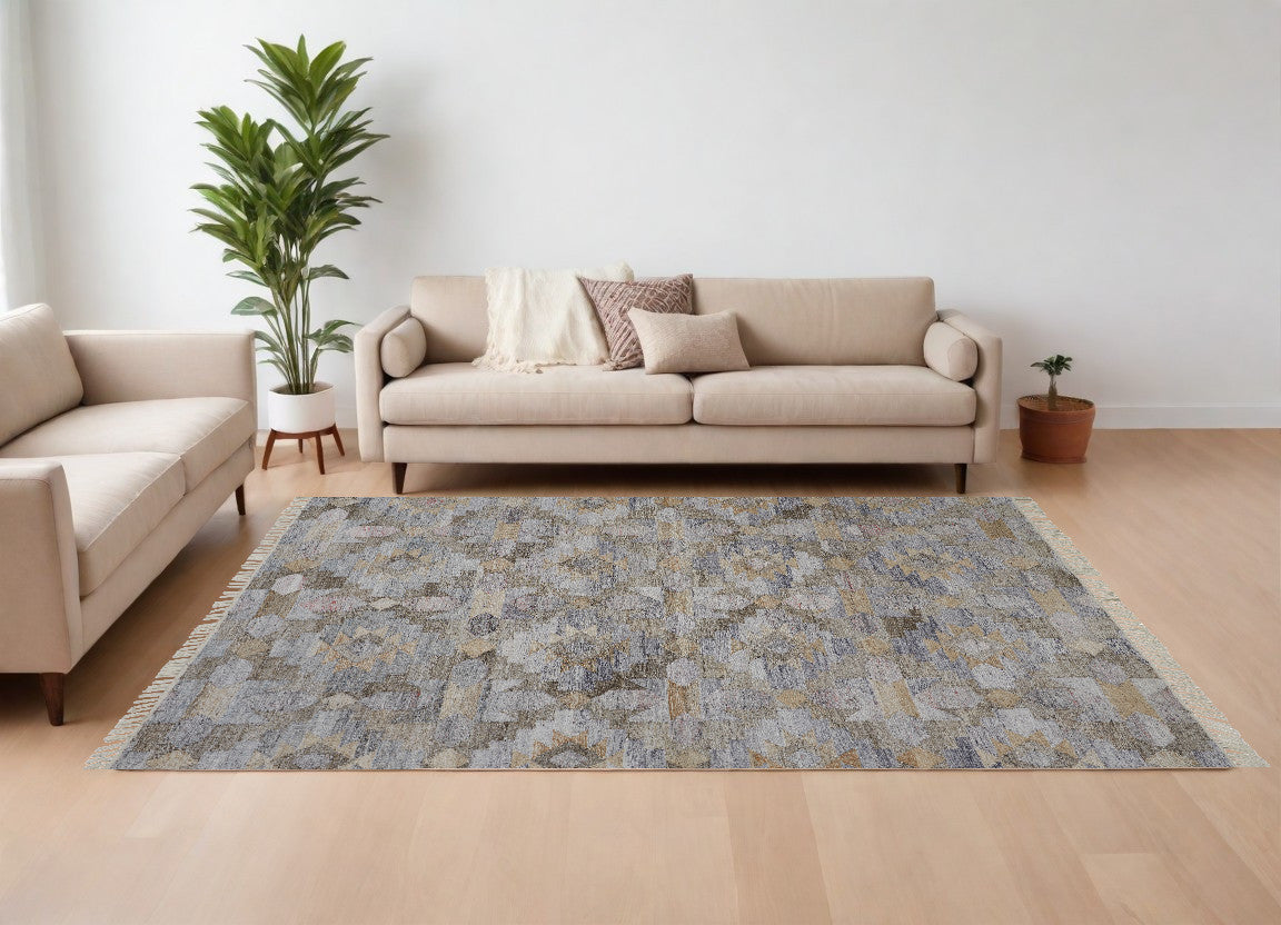Stylish Hand-Woven Gray and Blue Geometric Area Rug with Elegant Fringe
