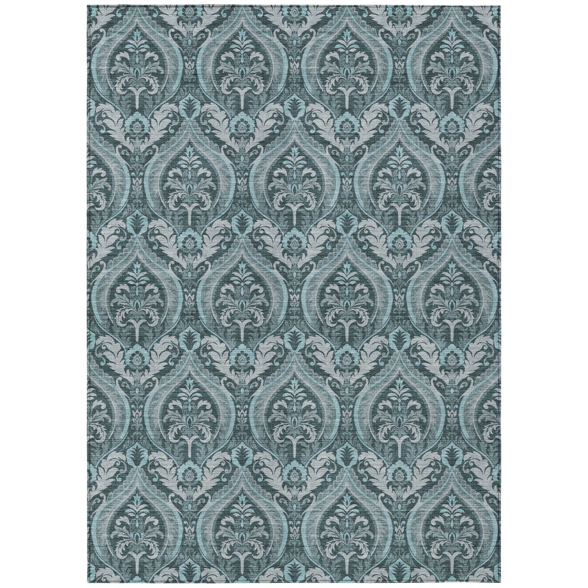 Stylish Washable and Stain - Resistant Non - Skid Damask Design Indoor Outdoor Runner Rug Measuring 27 Inches by 90 Inches