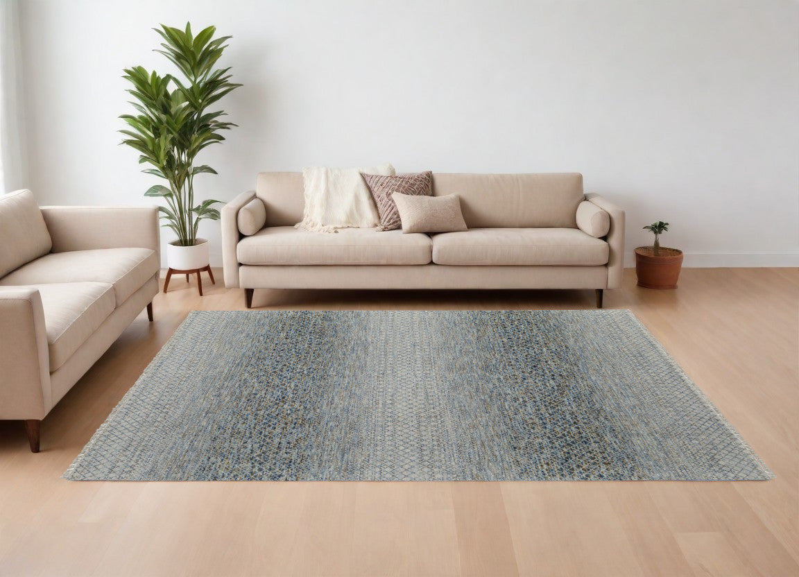 Stylish Hand-Knotted Ivory, Gray & Blue Area Rug with Fringe, Stain-Resistant