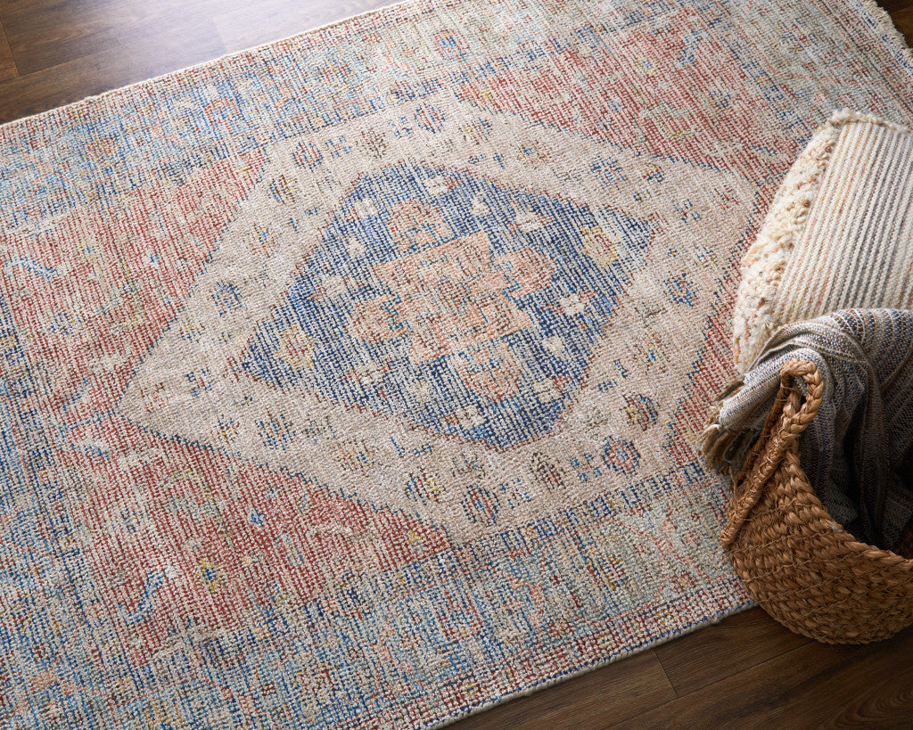 Artisan Hand-Woven Distressed Area Rug - Abstract Red, Blue, and Ivory Design with Fringe