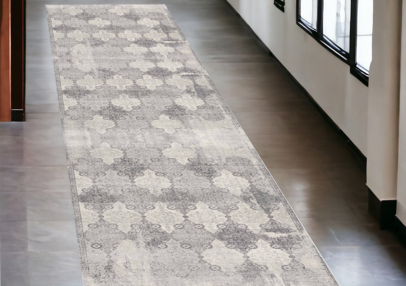 Luxurious, Soft, and Durable Gray Distressed Trellis Pattern Runner Rug for Modern Interior Spaces