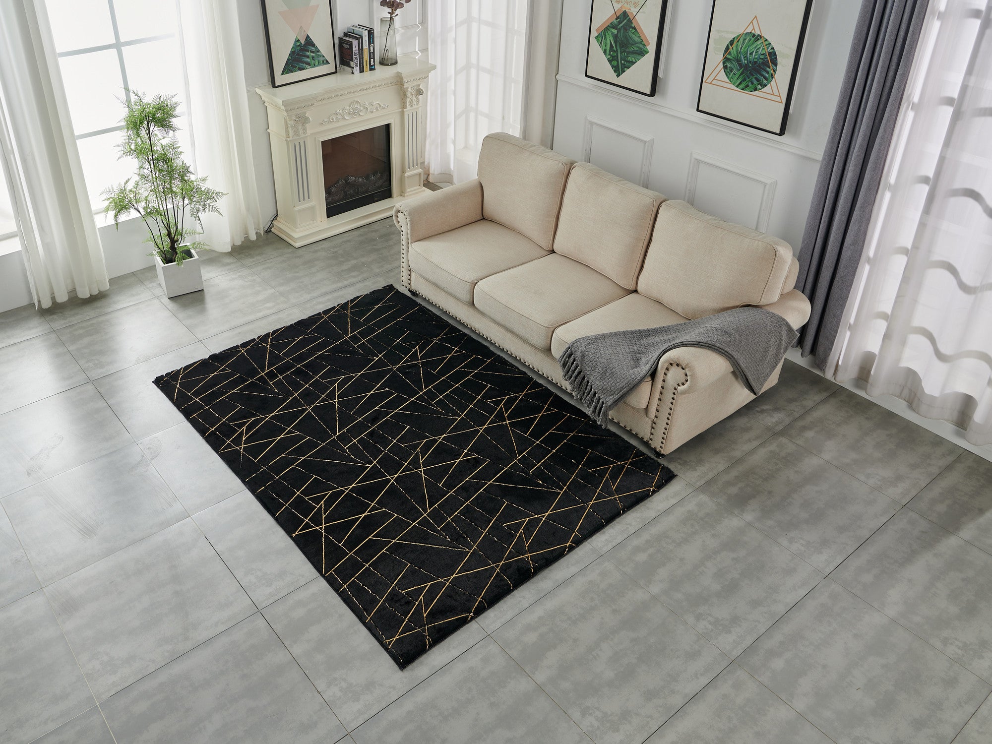 Exquisite Luxury Black and Gold Artificial Fur Abstract Shag Style Area Rug - A Soft, Non-Slip, and Fashionable Decorative Accent Piece