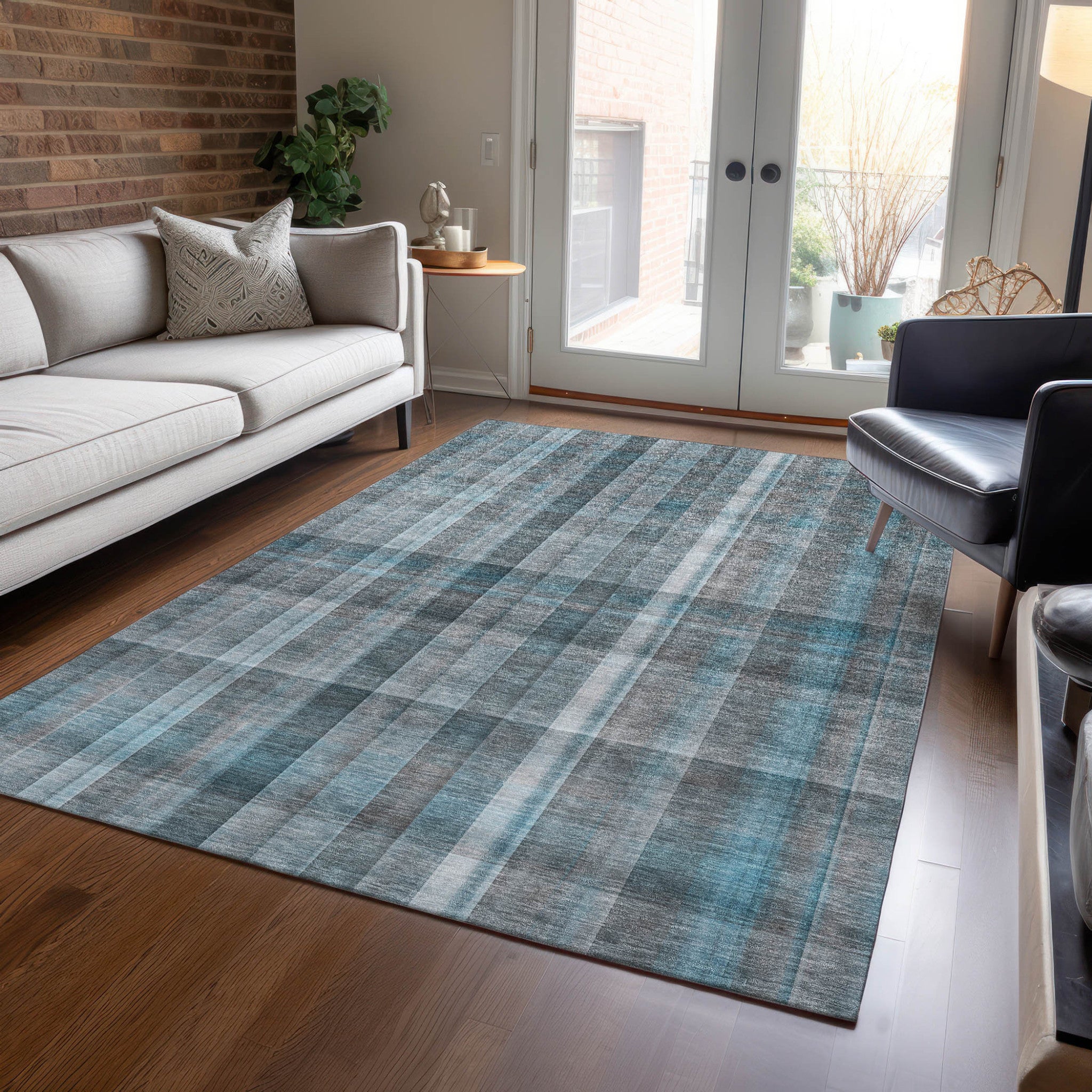 Stylish and Versatile Gray Plaid Indoor Outdoor Washable Runner Rug with Non-Skid and Stain Resistant Features for Decorating Your Space