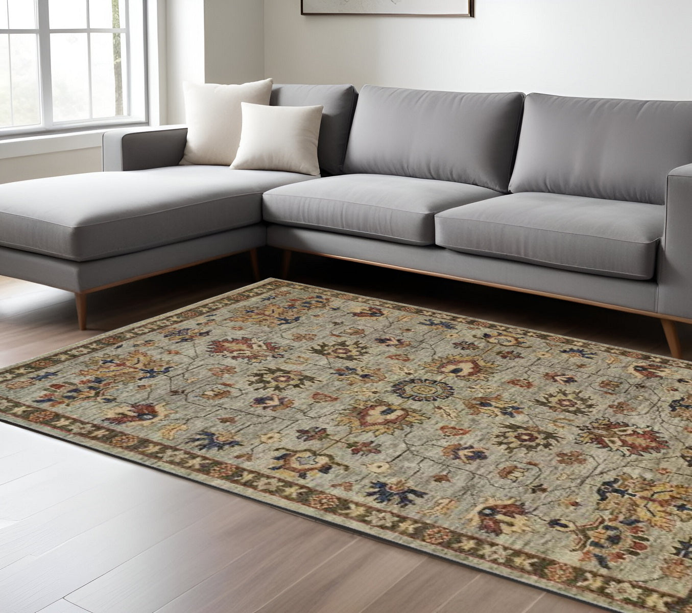Stain-Resistant Hand-Knotted Wool Area Rug with Fringe in Gray, Gold, and Red Floral Design