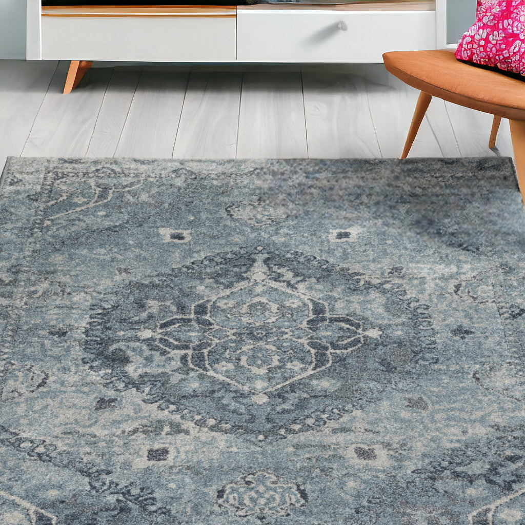 Stylish 5' x 8' Blue and Ivory Distressed Oriental Area Rug for Home Decor