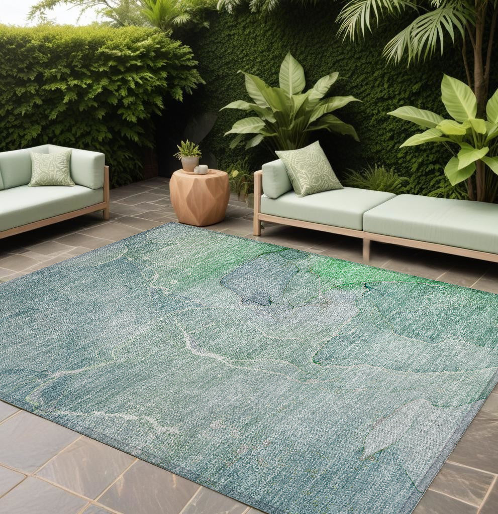 Stylish Washable & Stain-Resistant Green Abstract Indoor-Outdoor Runner Rug with Non-Skid Design