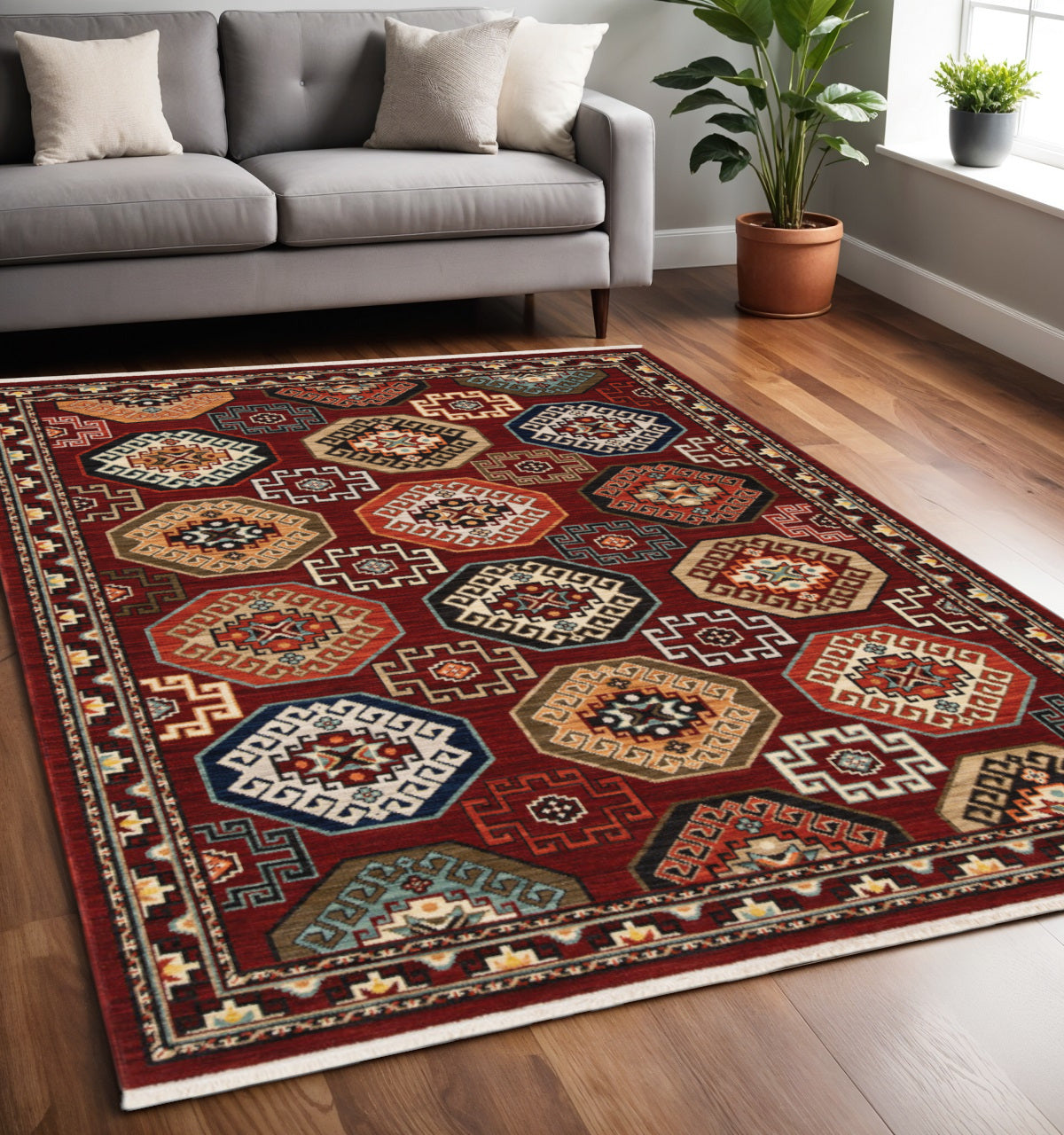 Elegant Red, Blue, Brown Stain-Resistant Oriental Fringed Area Rug for Home Decor