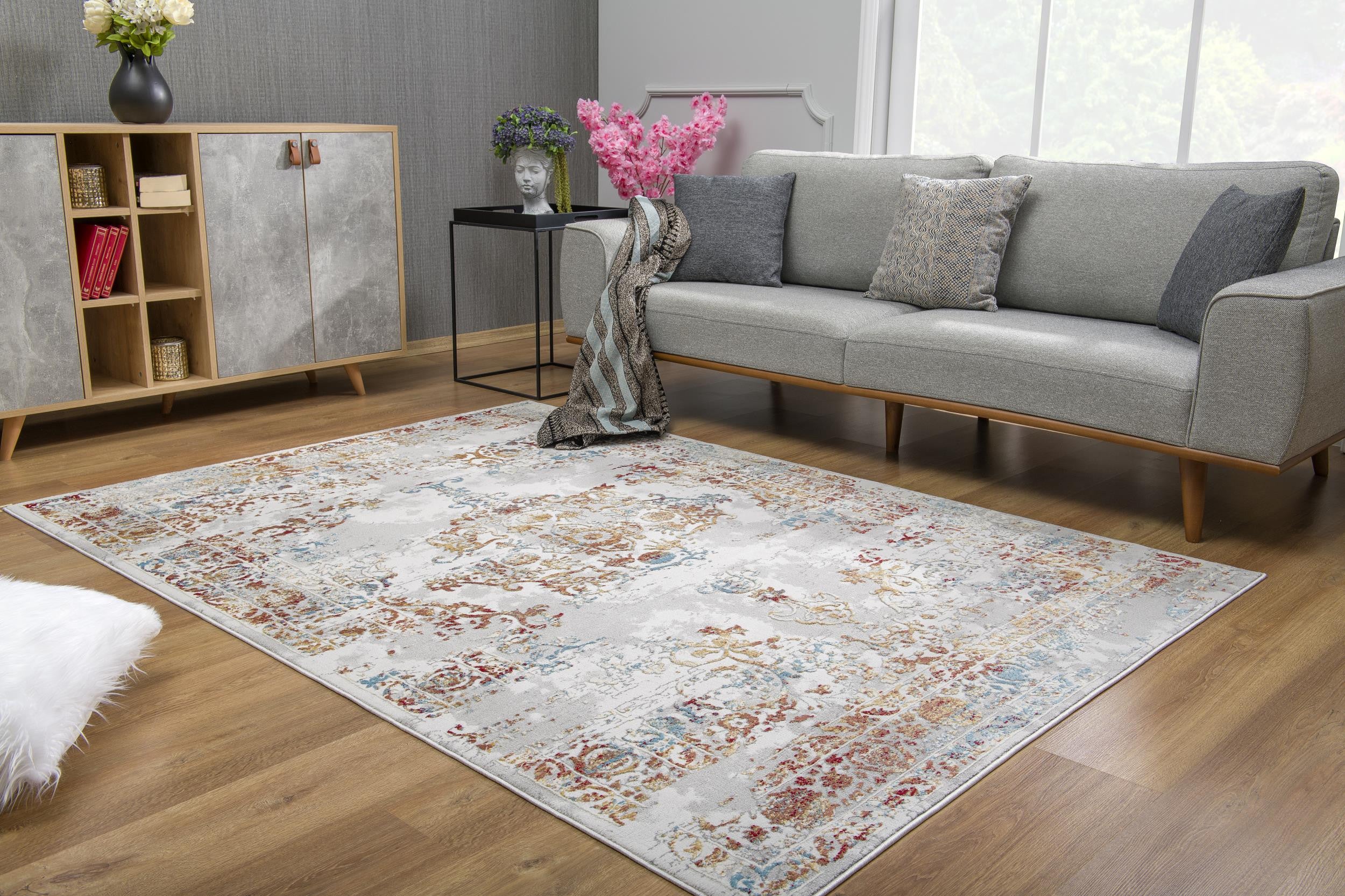 Distressed Gray and Beige Ornate Area Rug - Vintage Elegance for Your Space