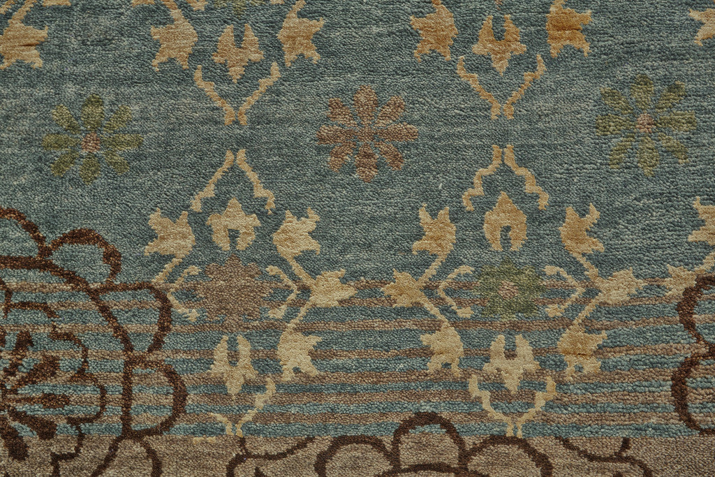 Exquisite Hand-Knotted Floral Area Rug with Unique Artisan Craftsmanship in Green, Blue, and Brown for Your Home Decor