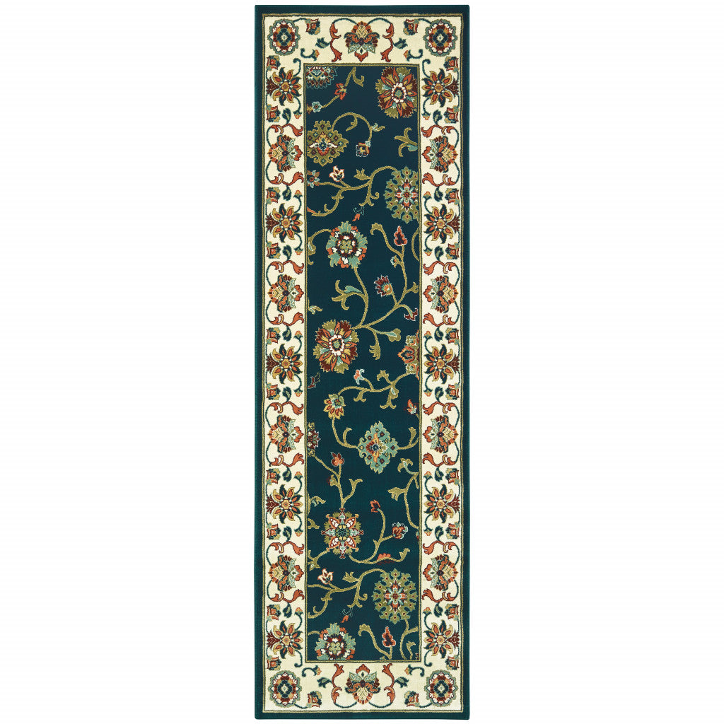 Stain-Resistant Navy and Ivory Oriental Style Runner Area Rug - Ideal for Family Homes with Kids and Pets
