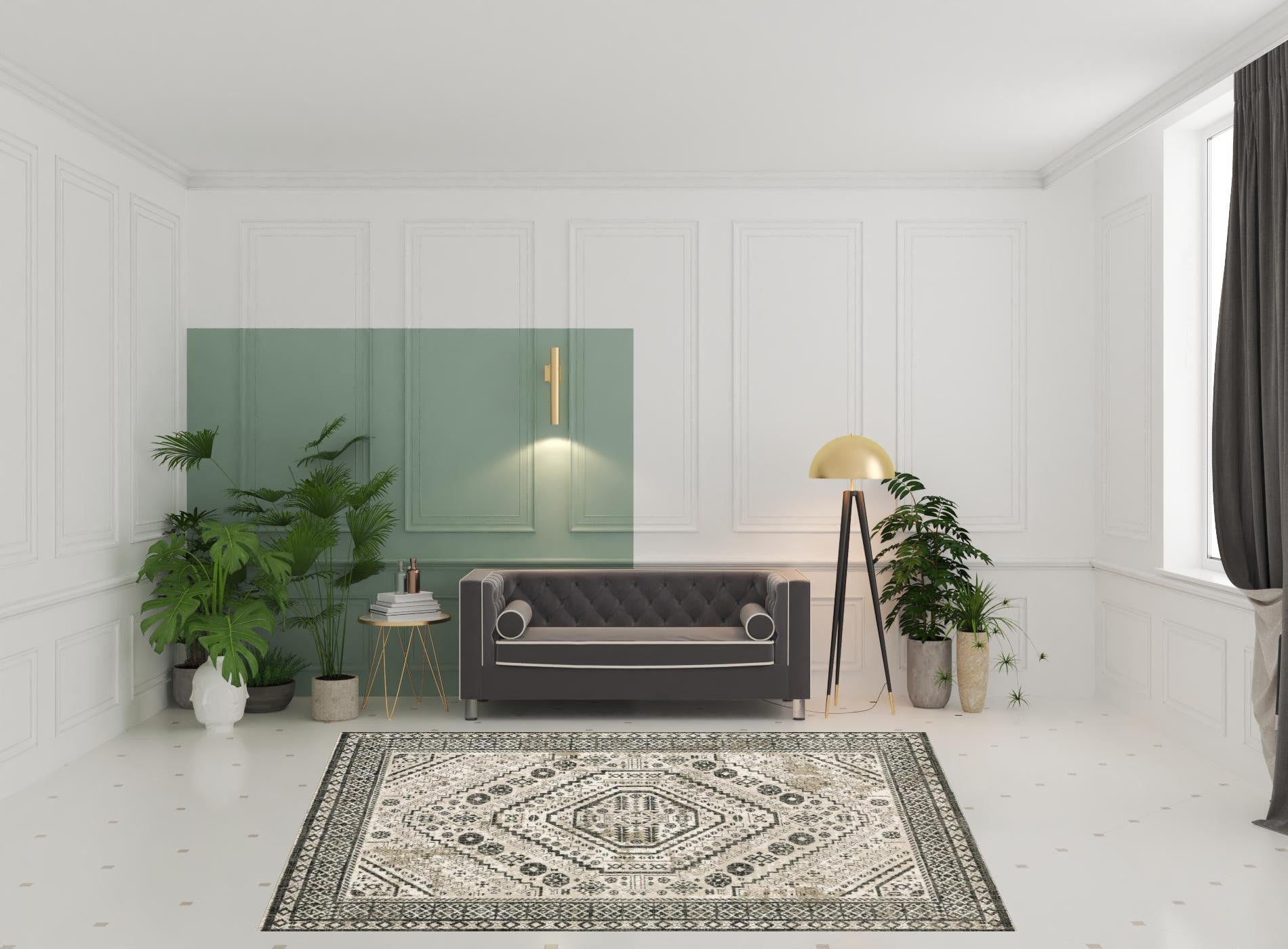 Ivory, Grey & Black Stain-Resistant Oriental Power Loom Runner Rug for Stylish Spaces