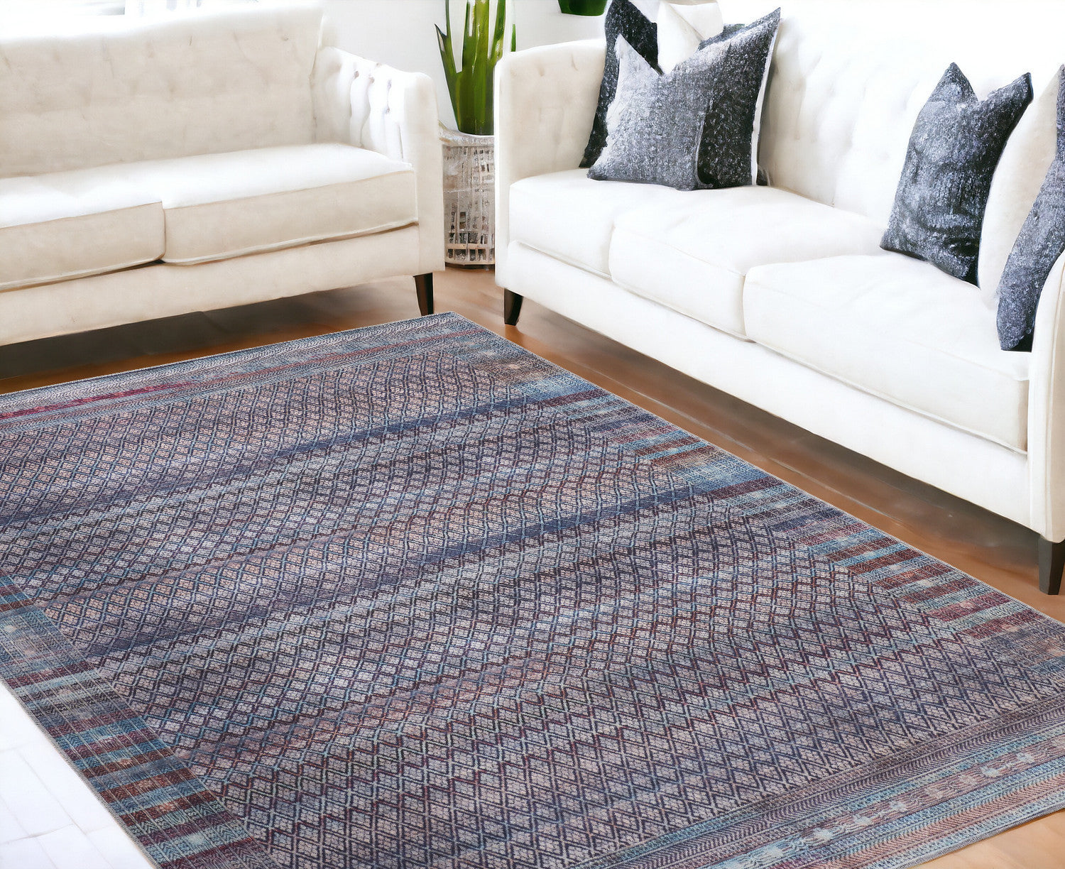 Stylish Tan, Blue & Pink Striped Area Rug for Elegant Warmth in Any Room