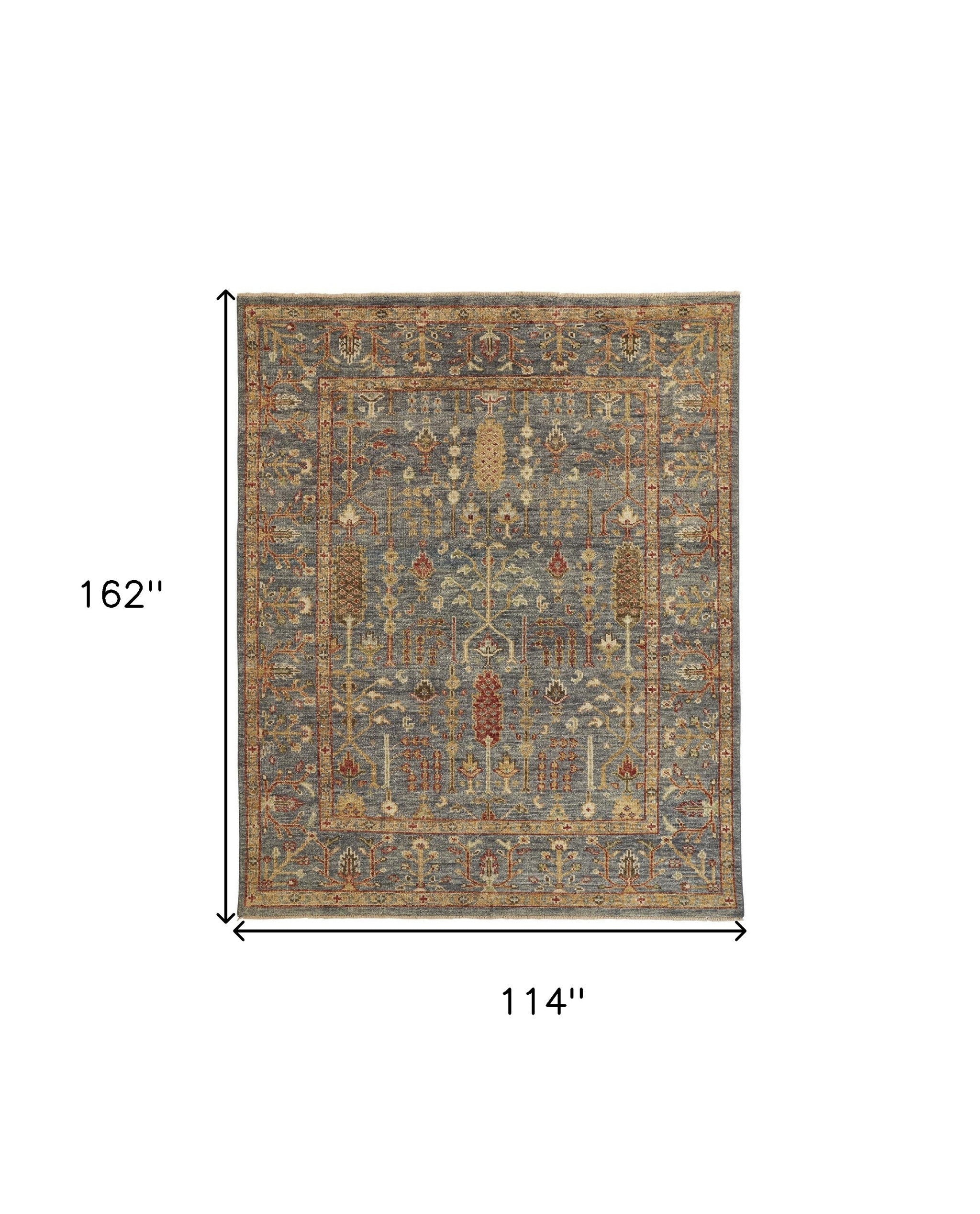 Stain-Resistant Hand-Knotted Wool Area Rug with Fringe in Gray, Gold, and Red Floral Design