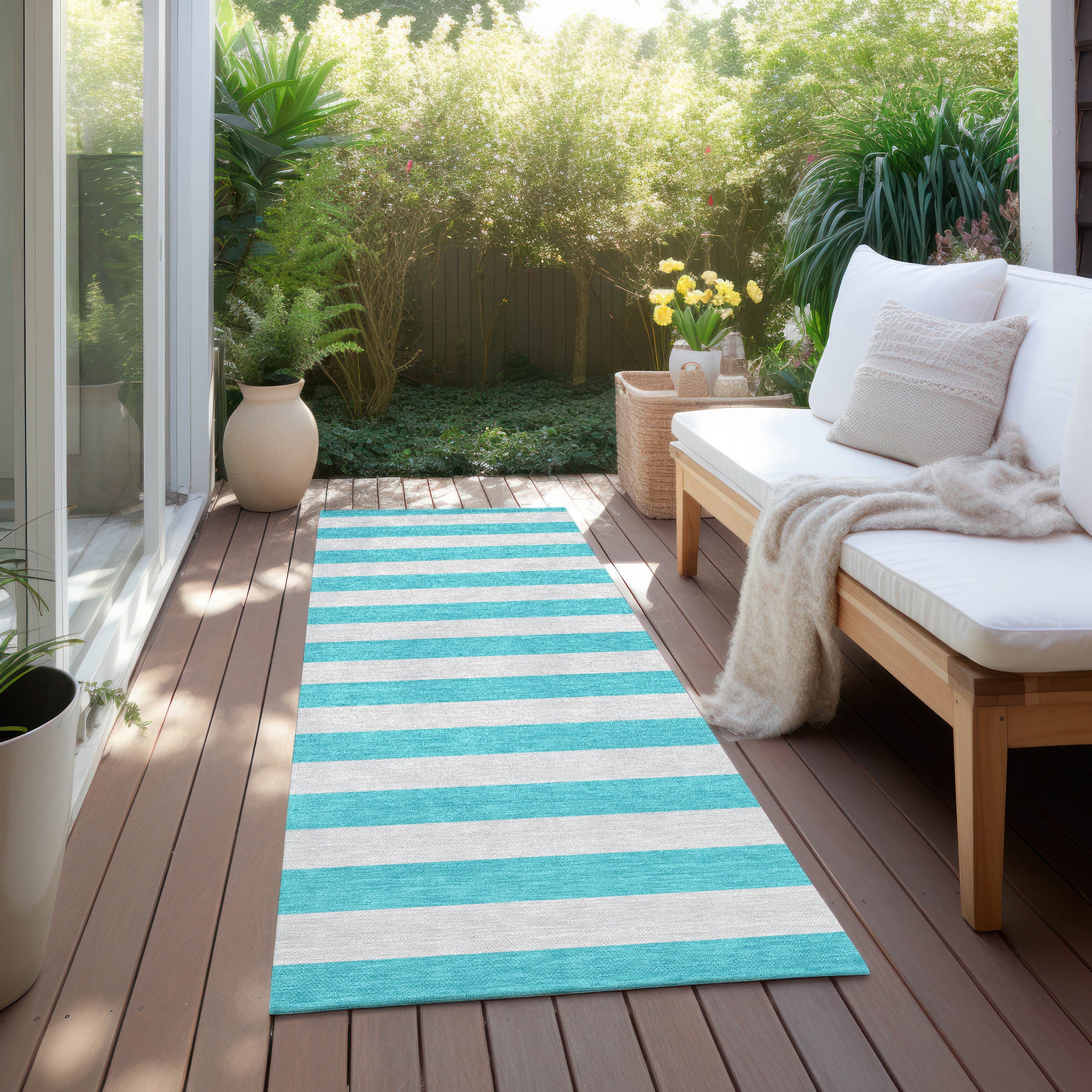 Stylish Washable and Stain - Resistant Coffee Striped Indoor - Outdoor Runner Rug