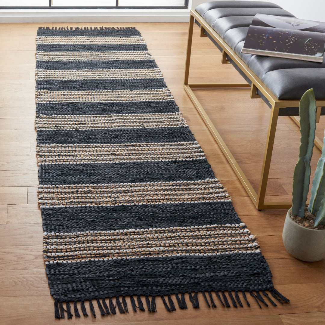 Luxurious Vintage Hand-Woven Leather & Jute Rug for Elegant Home Decor