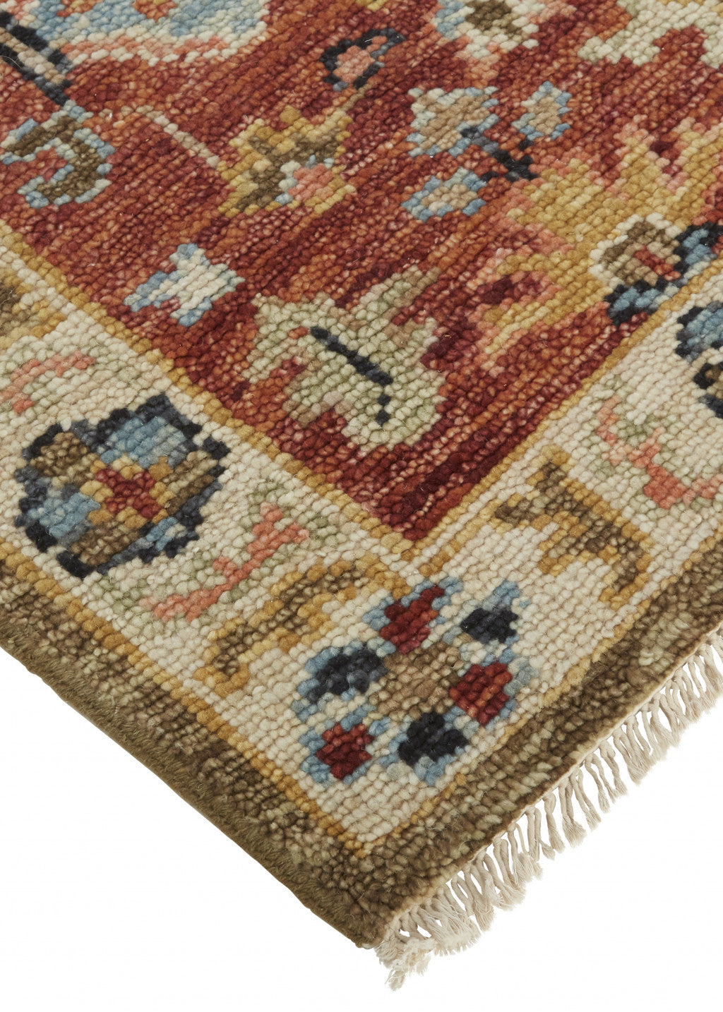 Stain-Resistant Hand-Knotted Wool Area Rug with Elegant Red & Ivory Floral Pattern