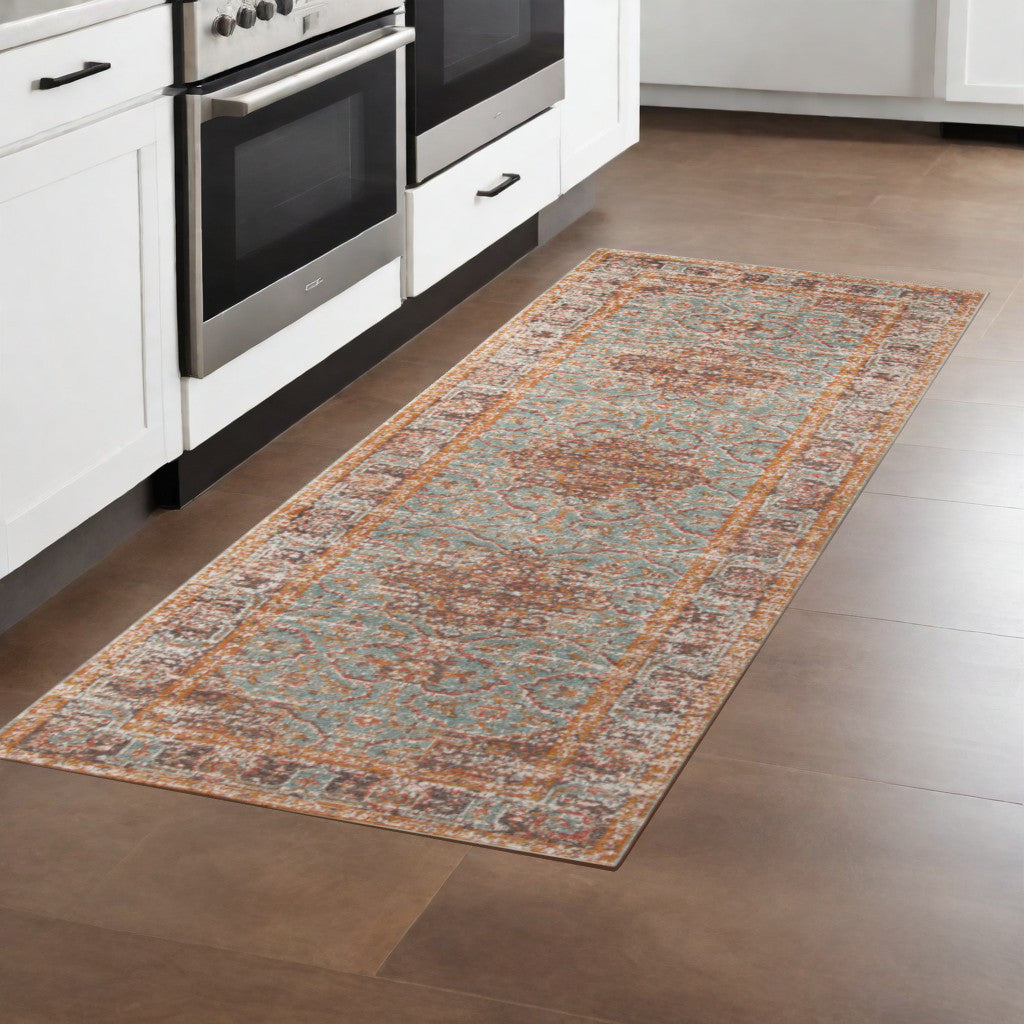 Stain-Resistant Teal, Red & Orange Medallion Power Loom Round Runner Rug for Home Comfort