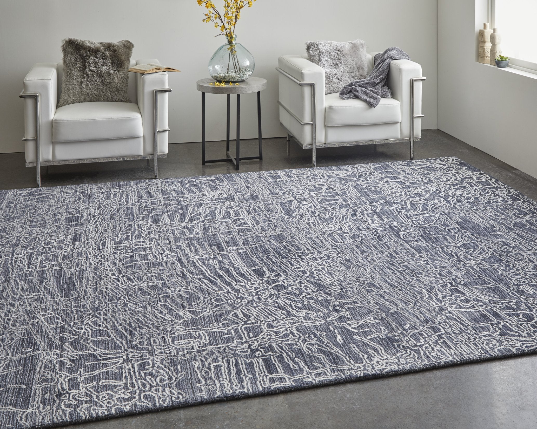Modern Handwoven Abstract Wool and Viscose Rug for Contemporary Home Decor