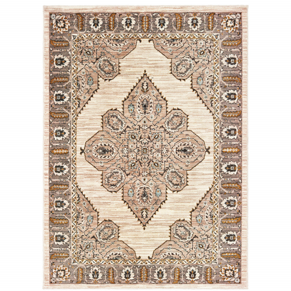 Stain-Resistant 7x10 Ft Area Rug in Ivory, Gold, Grey & Blue - Stylish Oriental Design for Home