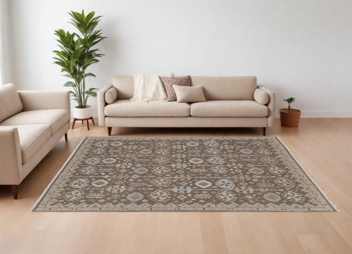 Exquisite Hand-Knotted Gray and Ivory Oriental Wool Area Rug with Fringe - Stain-Resistant and Timeless Decor Piece