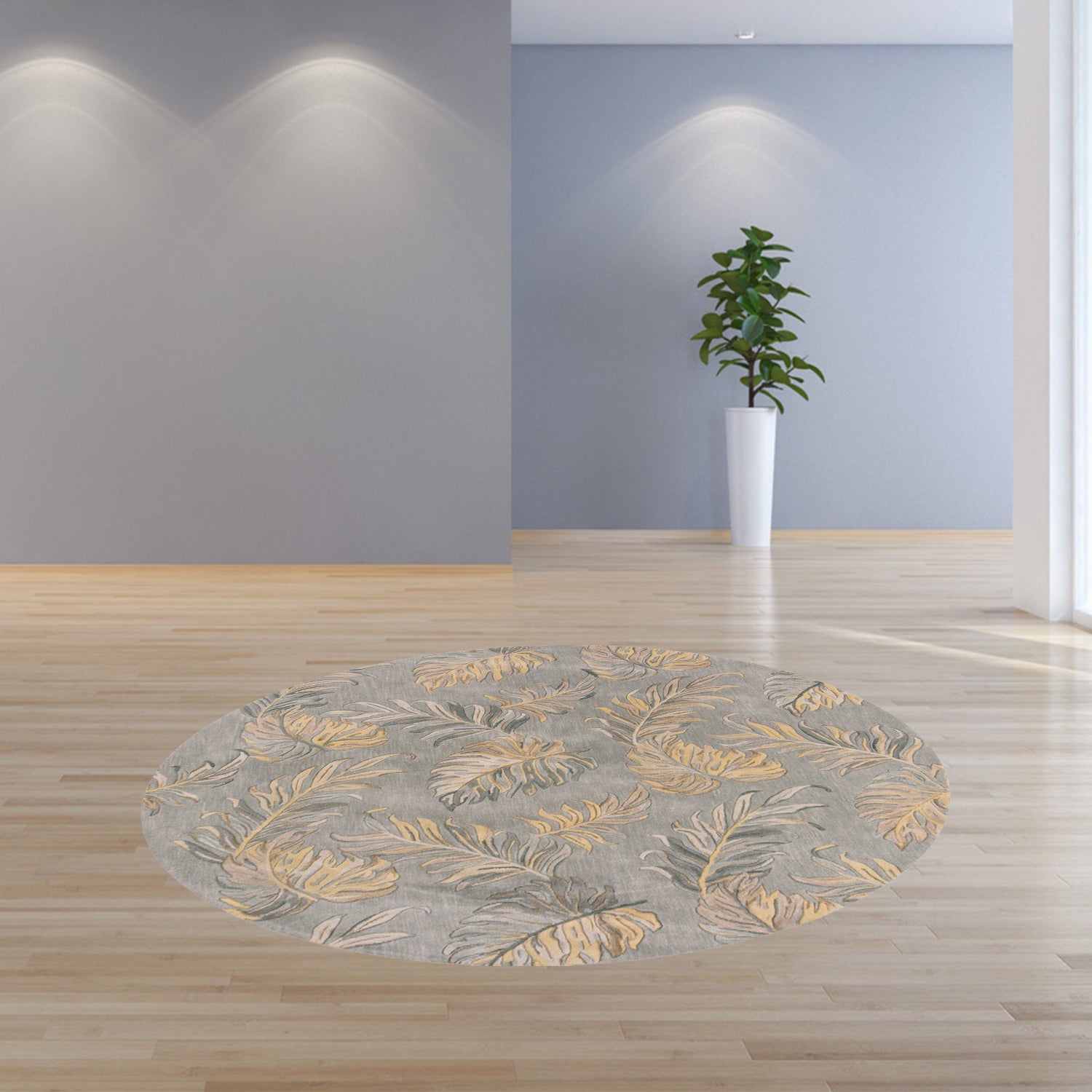 Modern Hand-Tufted Grey Wool Area Rug with Botanical Leaves Design for Homes
