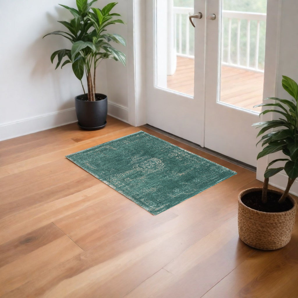 Stylish 3' x 5' Gray-Green Medallion Non-Slip Area Rug for Cozy Home Decor
