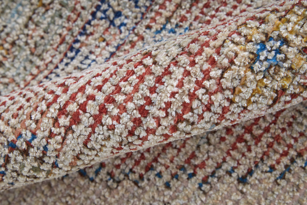 Artisan Hand-Woven Distressed Area Rug - Abstract Red, Blue, and Ivory Design with Fringe