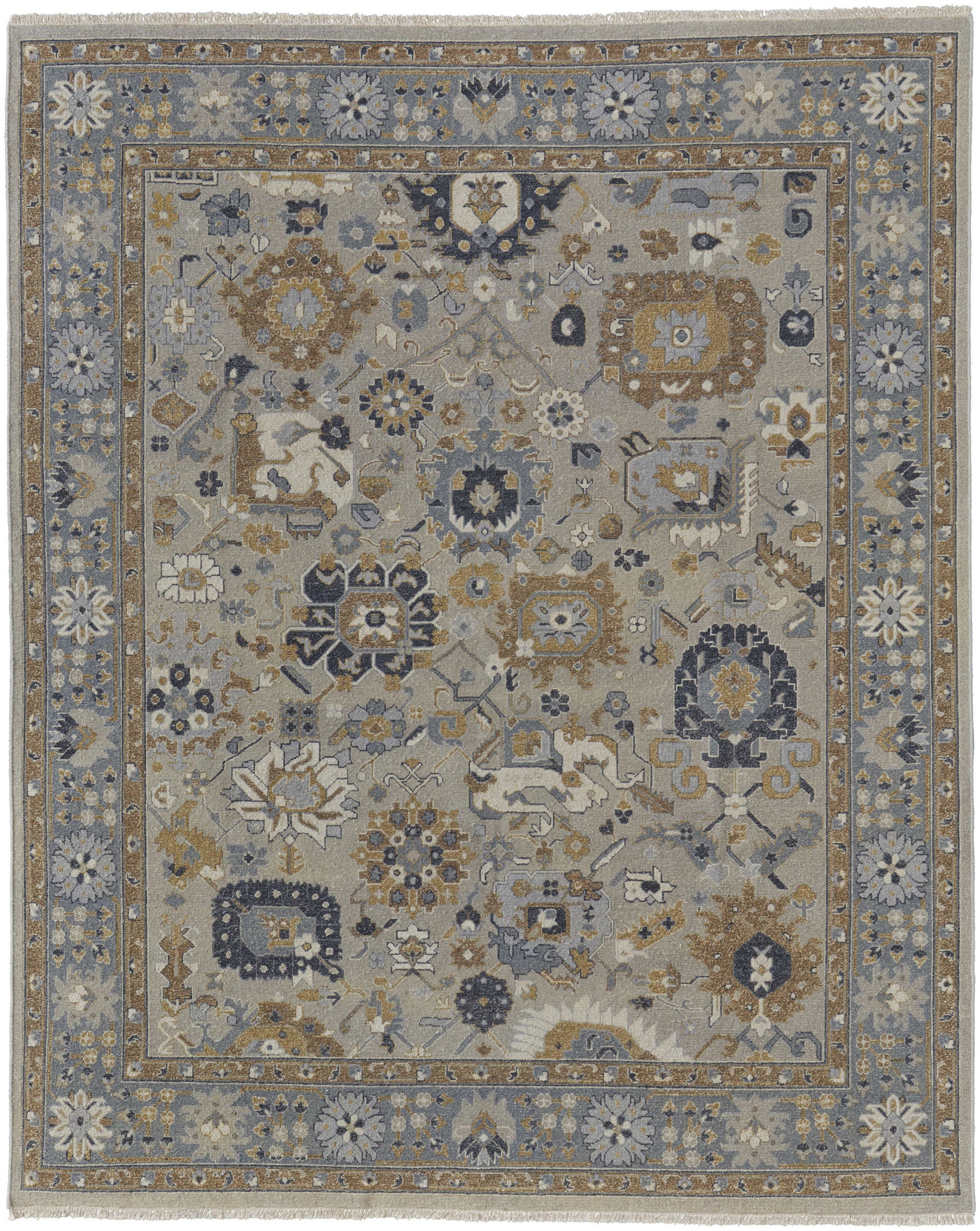 Exquisite Hand - Knotted Wool Oriental Area Rug with Graceful Gray and Brown Color Scheme and Timeless Fringe