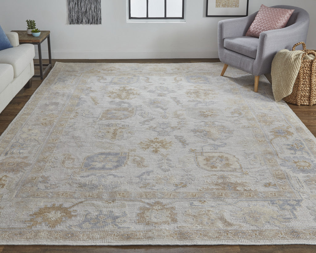 Stain-Resistant Ivory Floral Hand-Knotted Area Rug for Elegant Interiors
