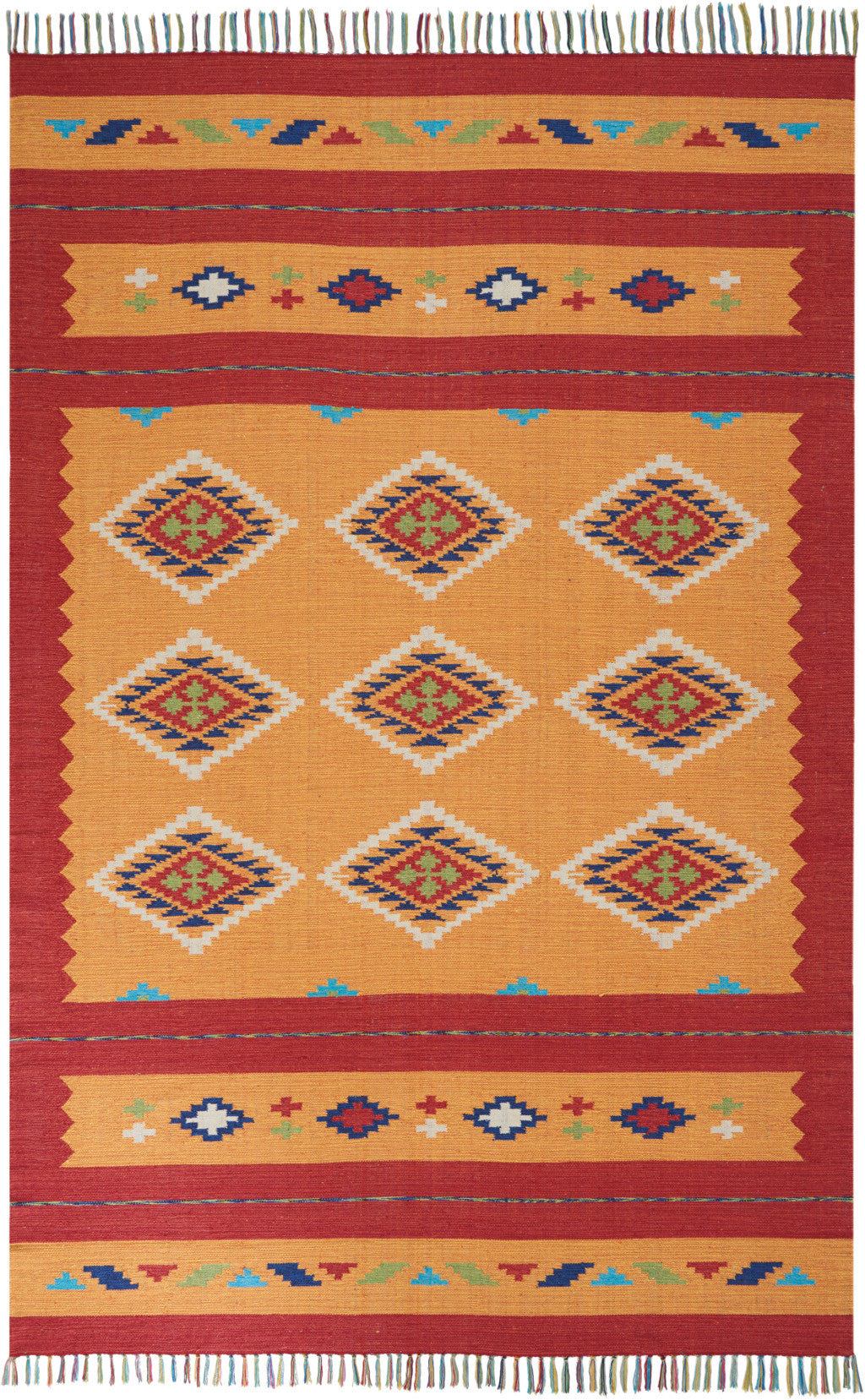 Stylish Handmade 7' x 10' Orange & Red Southwestern Area Rug with Fringe Tassels