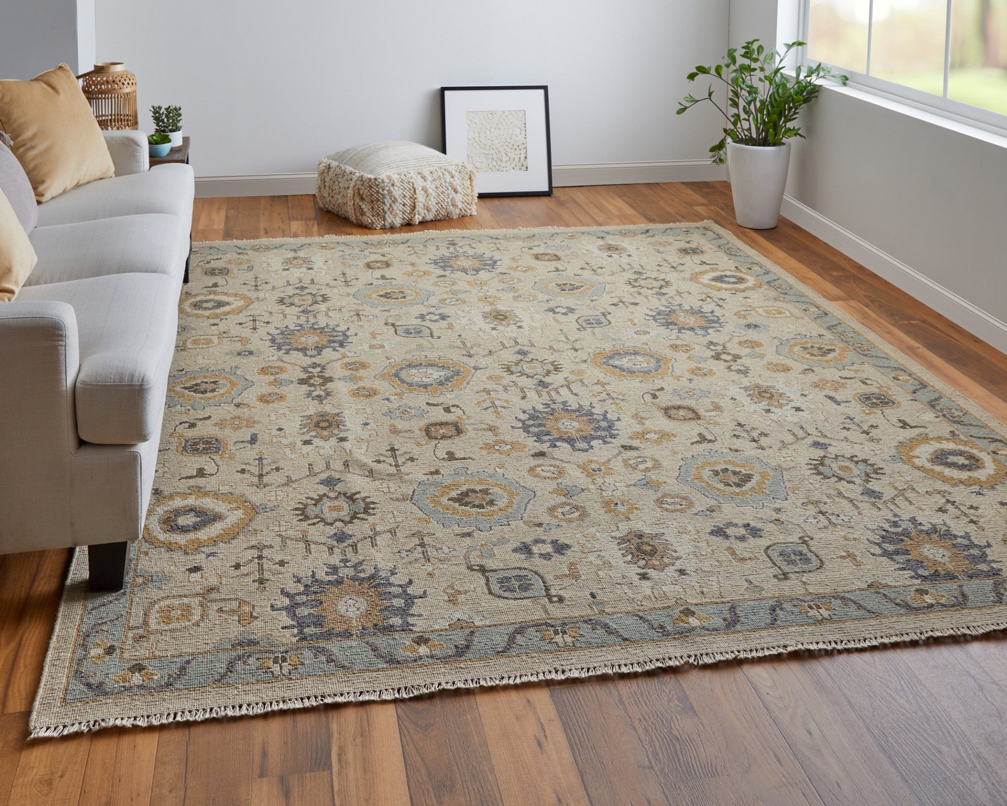 Exquisite Hand-Knotted Tan, Brown & Gray Oriental Area Rug with Fringe for a Timeless Look